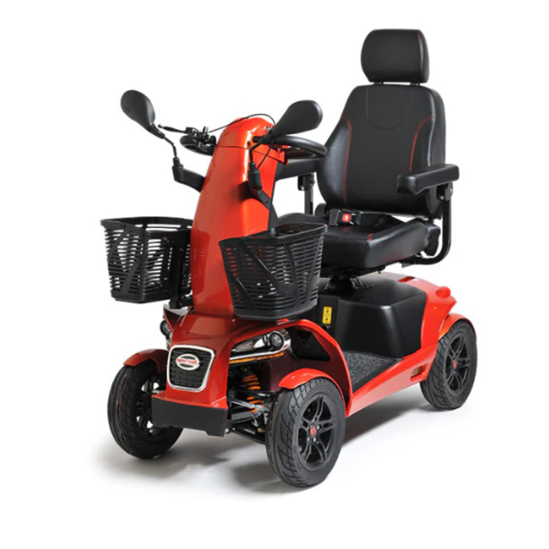 The FreeRider FR1 Terrain Heavy Duty Mobility Scooter is a red, four-wheel model with a black seat, armrests, double front baskets, rearview mirrors, and headrest, offering sporty performance and superior handling for personal mobility.